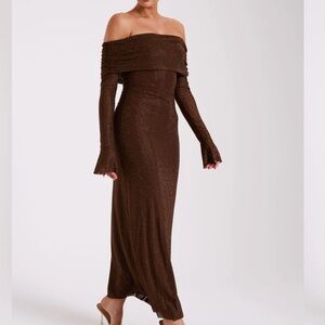 Meshki Marcel Off Shoulder Diamanté Maxi Dress Chocolate